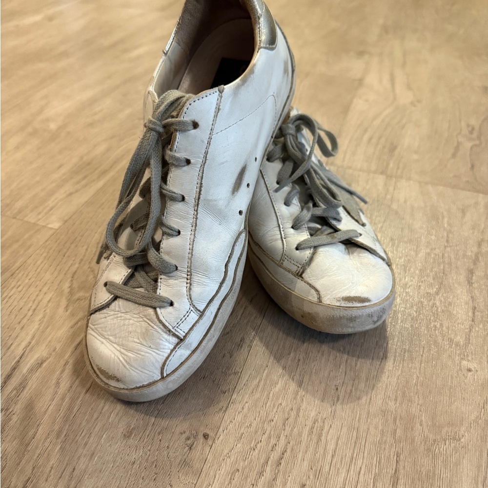 Golden Goose White Leather Sneakers with Gray Star and Silver Heel Tab - Picture 8 of 9